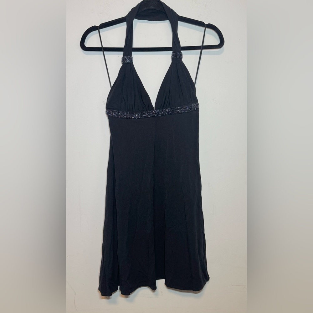 Express Beaded Elegant Black Halter Dress Women’s size small deep v neck